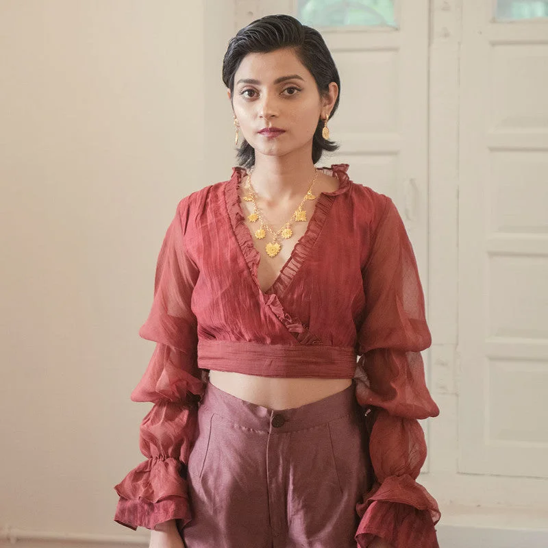 Handwoven Chanderi Silk Maroon Ruffled Crop Top