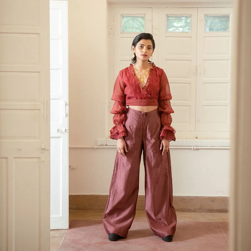 Handwoven Chanderi Silk Maroon Ruffled Crop Top