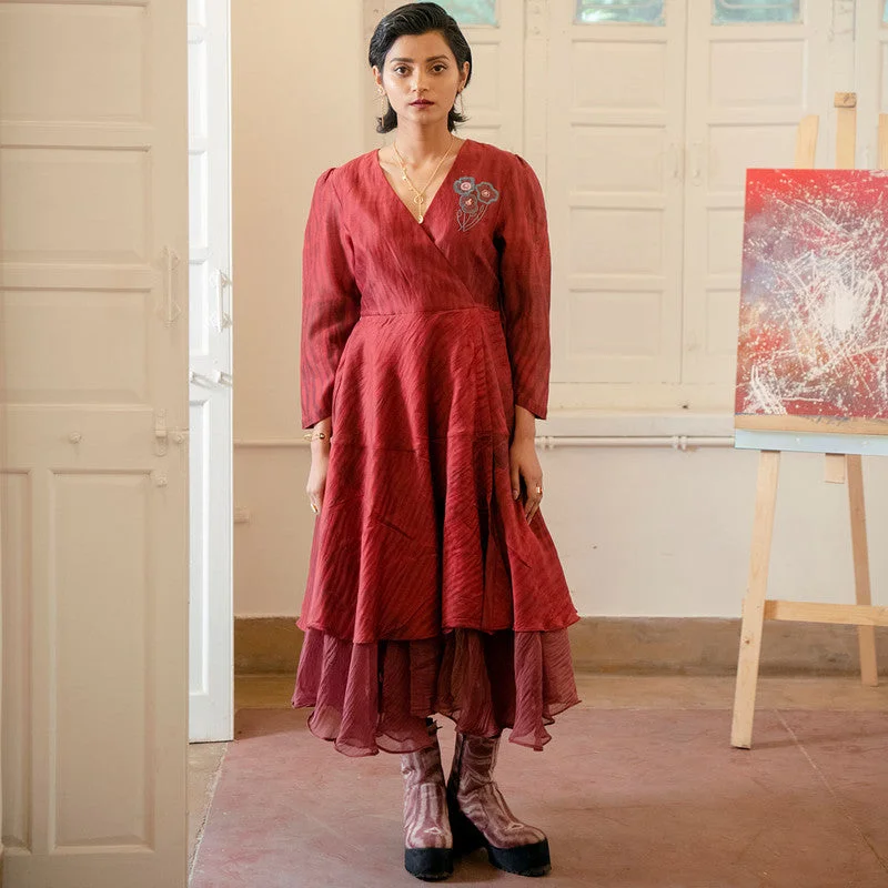 Handwoven Chanderi Silk Red & Maroon Overlap Dress