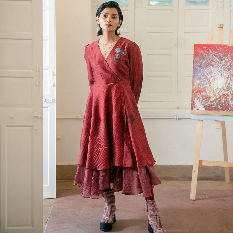 Handwoven Chanderi Silk Red & Maroon Overlap Dress