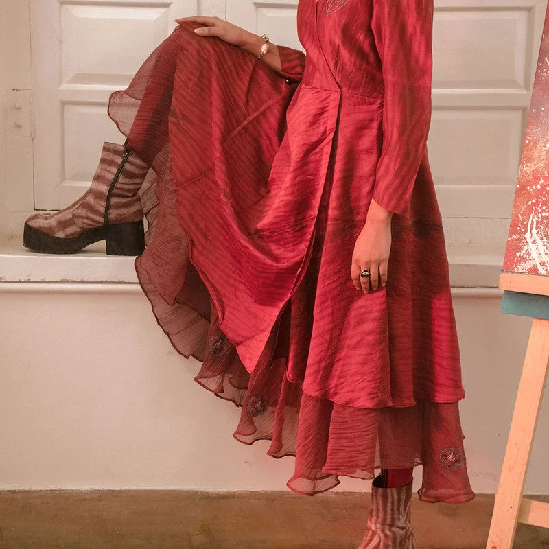 Handwoven Chanderi Silk Red & Maroon Overlap Dress