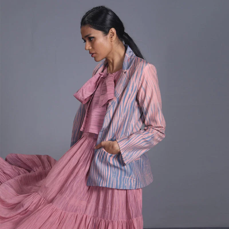 Handwoven Cotton Silk Pink & Blue Notch Collar Jacket