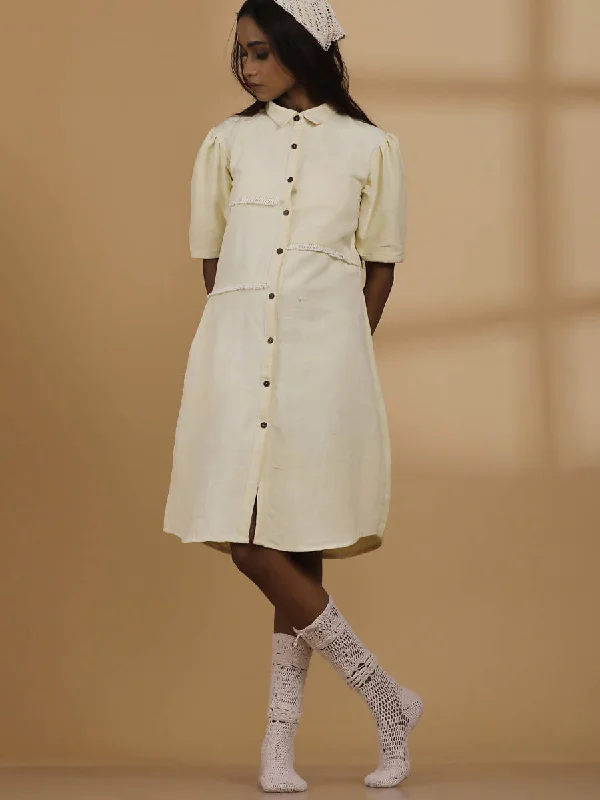 Handwoven Shirt Dress with Puff Sleeves | Ecru