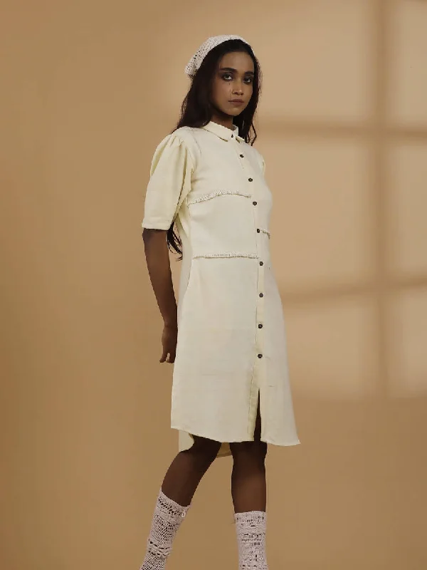 Handwoven Shirt Dress with Puff Sleeves | Ecru