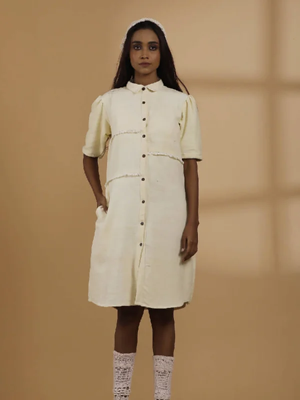 Handwoven Shirt Dress with Puff Sleeves | Ecru