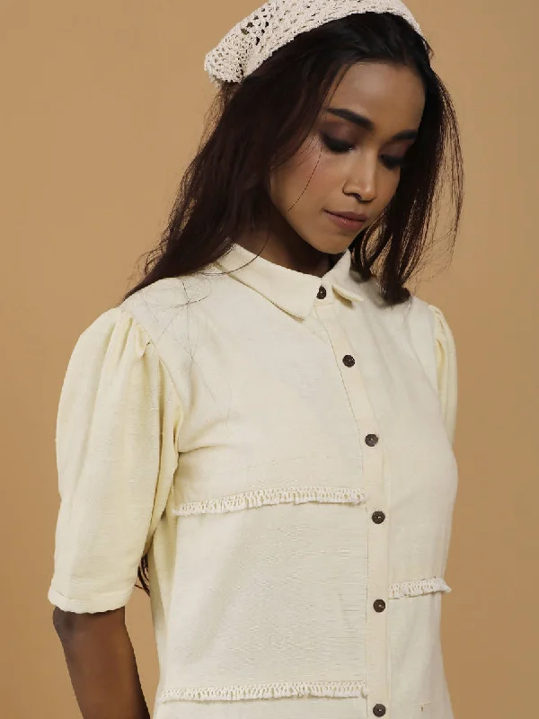 Handwoven Shirt Dress with Puff Sleeves | Ecru