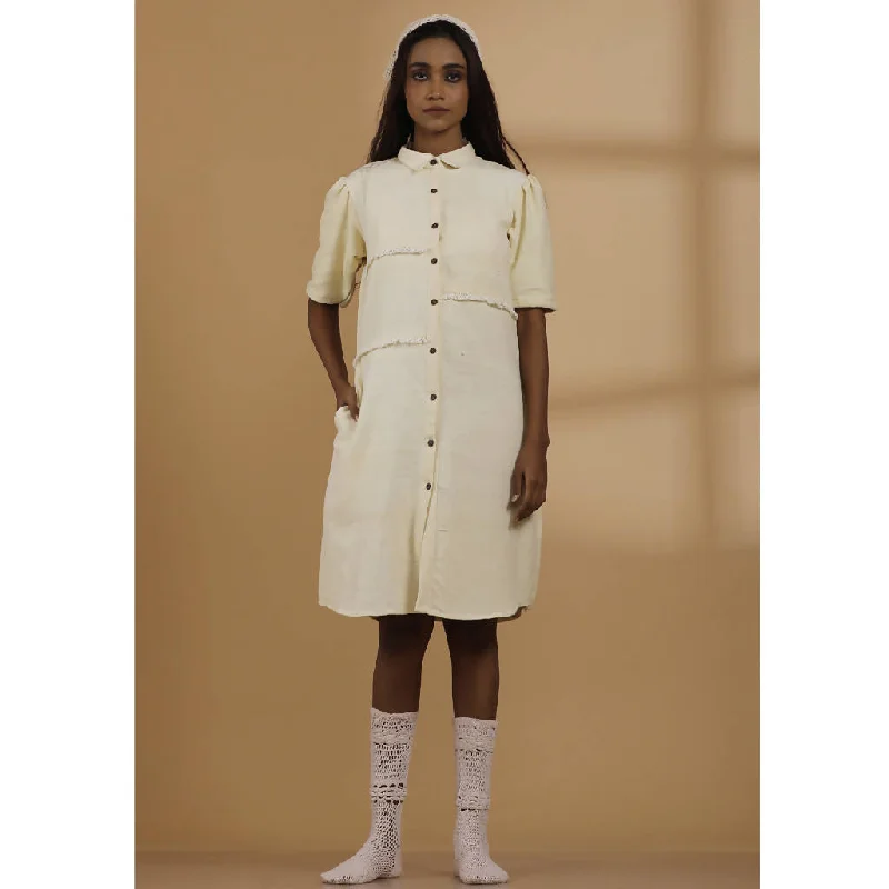 Handwoven Shirt Dress with Puff Sleeves | Ecru