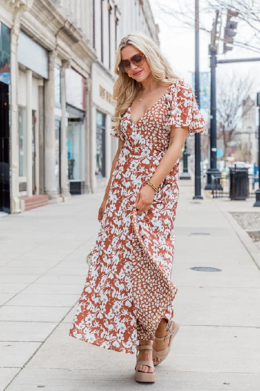 Know My Heart Brown Floral Contrast Flutter Sleeve Maxi Dress SALE