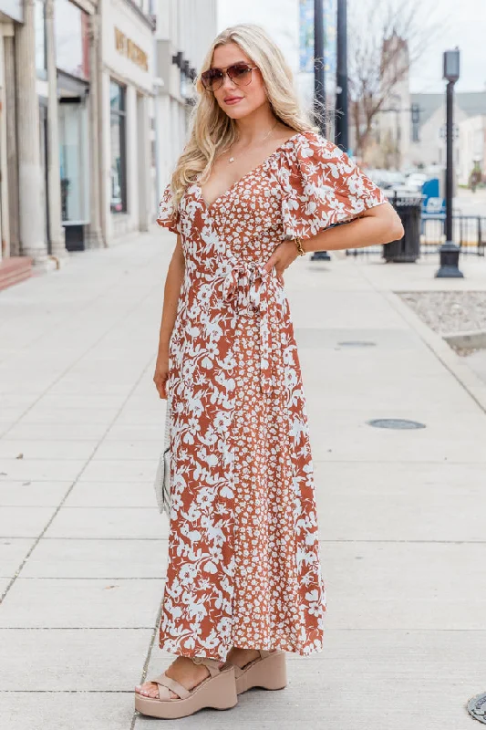 Know My Heart Brown Floral Contrast Flutter Sleeve Maxi Dress SALE