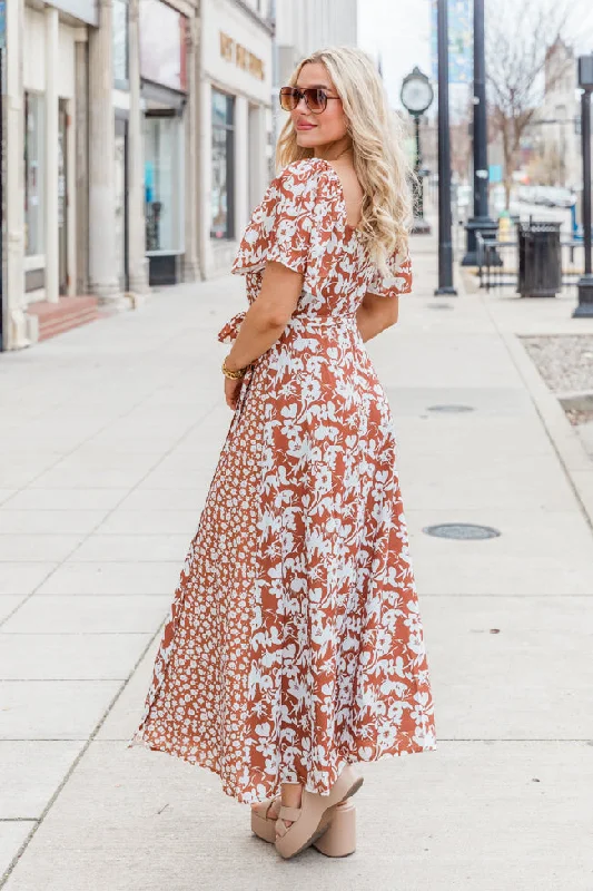 Know My Heart Brown Floral Contrast Flutter Sleeve Maxi Dress SALE