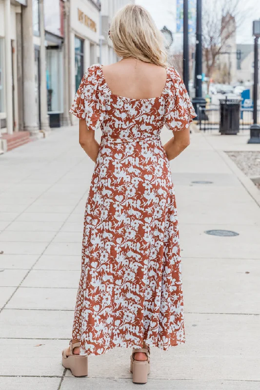 Know My Heart Brown Floral Contrast Flutter Sleeve Maxi Dress SALE