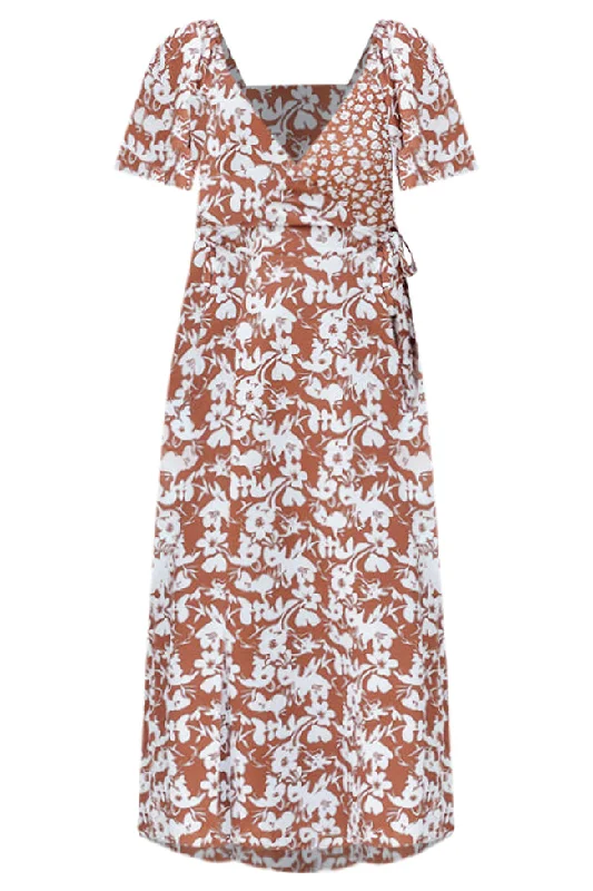 Know My Heart Brown Floral Contrast Flutter Sleeve Maxi Dress SALE