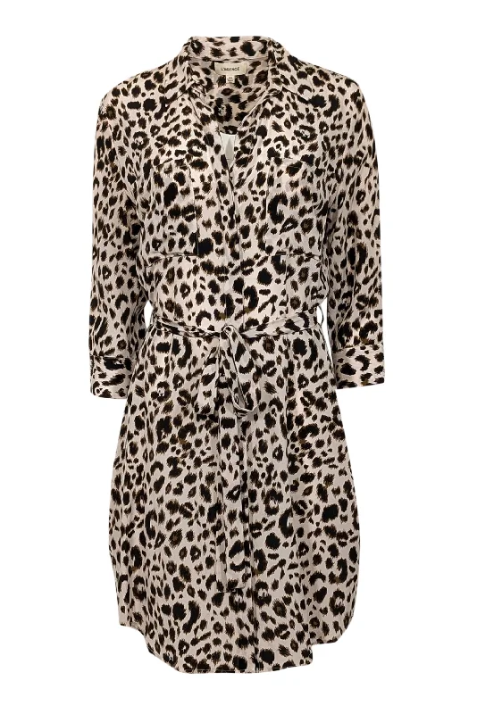 L'Agence - Off-White, Tan, & Black Leopard Print Silk Shirtdress Sz M