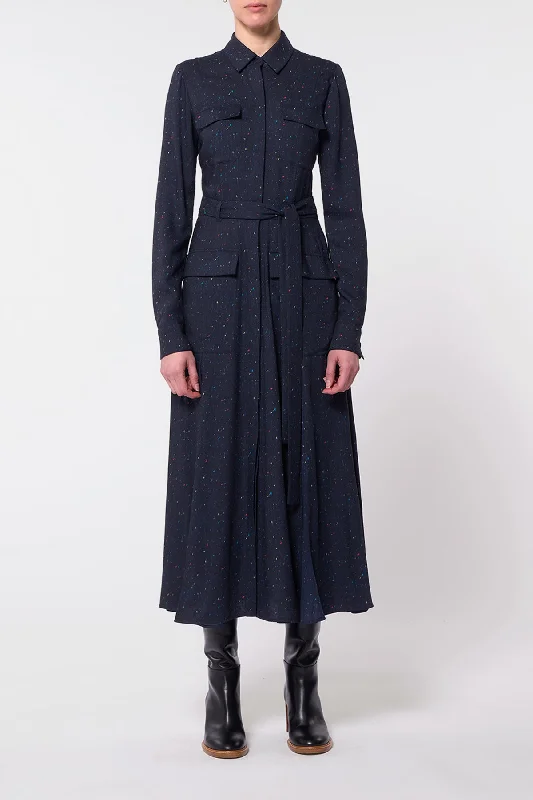 Meyer Pleated Shirtdress in Dark Navy Multi Wool Silk