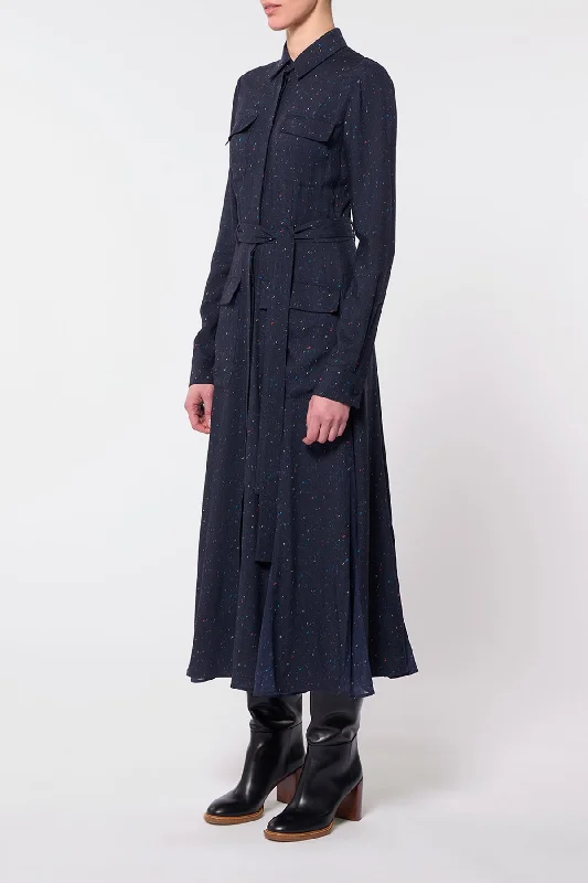 Meyer Pleated Shirtdress in Dark Navy Multi Wool Silk