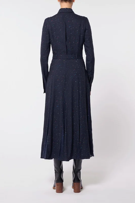 Meyer Pleated Shirtdress in Dark Navy Multi Wool Silk