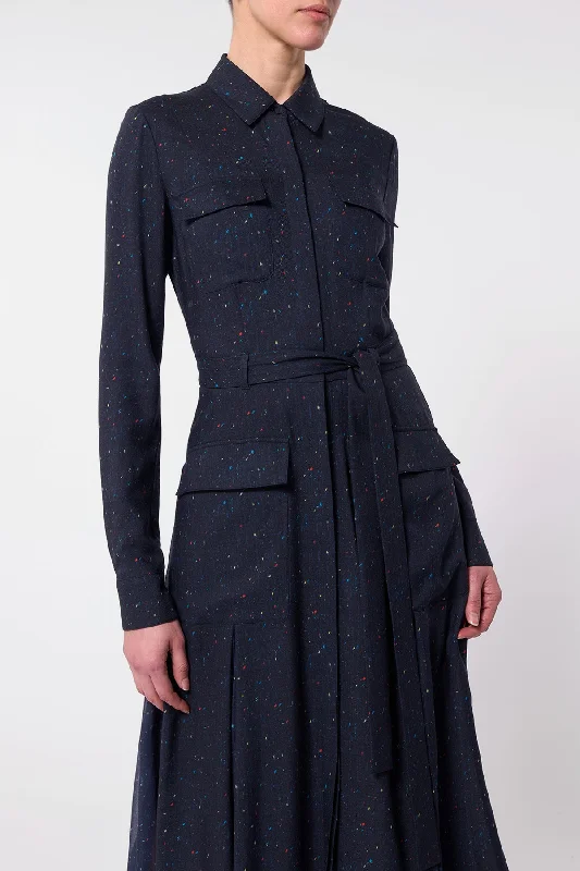 Meyer Pleated Shirtdress in Dark Navy Multi Wool Silk