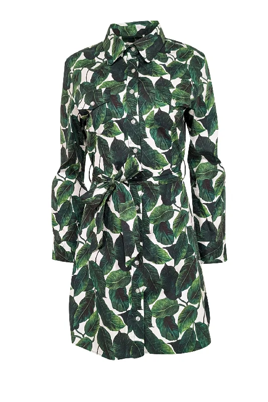 Milly - Green & White Leaf Print Cotton Shirtdress Sz 12