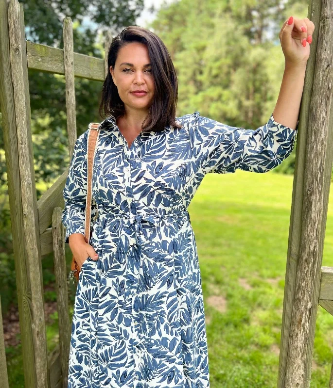 Navy Leaf Print Shirt Dress