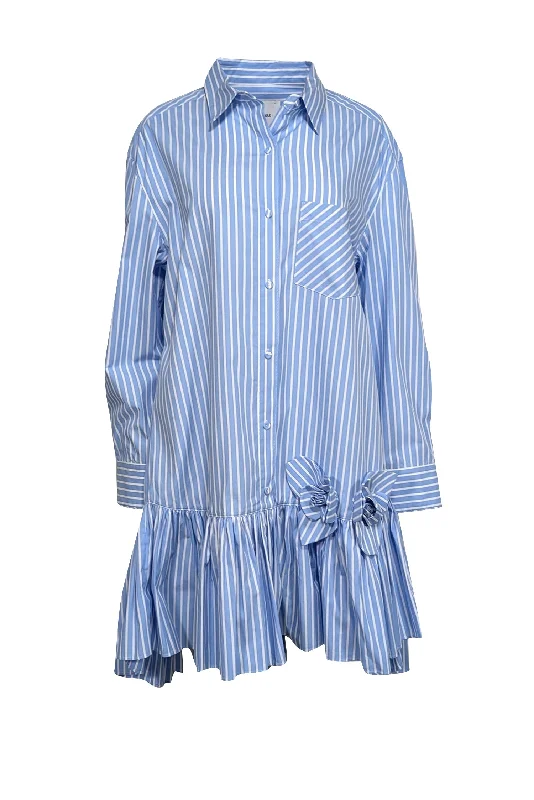 Aknvas - Blue & White Striped Cotton Shirtdress w/ 3D Floral Appliqué Sz XL