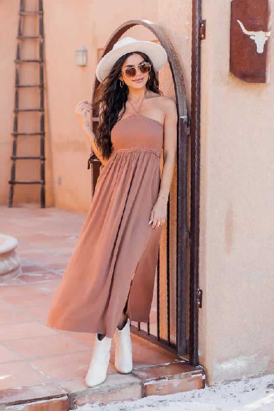 Not A Care In The World Mocha Halter Maxi Dress FINAL SALE