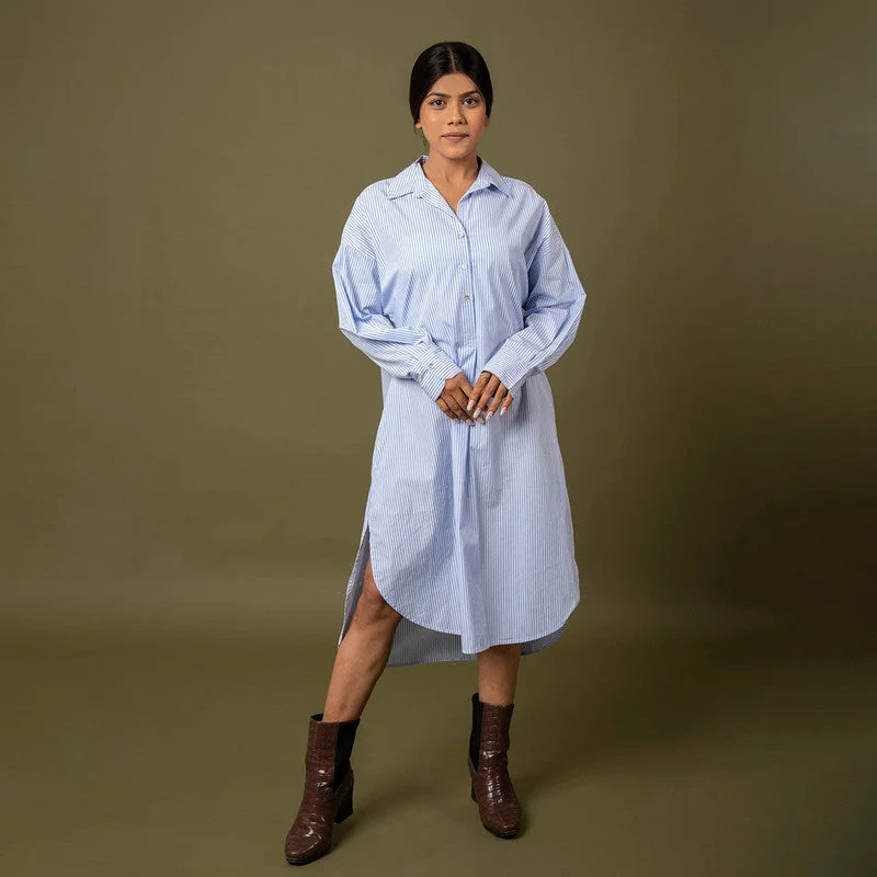 Organic Cotton Shirt Dress | Hi-Low Hem | Blue & White