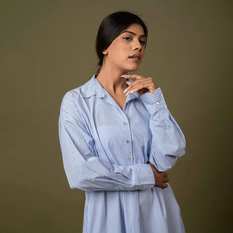 Organic Cotton Shirt Dress | Hi-Low Hem | Blue & White