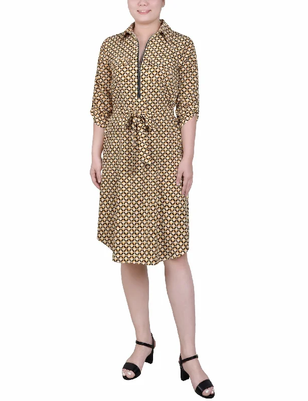 3/4 Length Roll Tab Sleeve Zippered Shirtdress - Petite