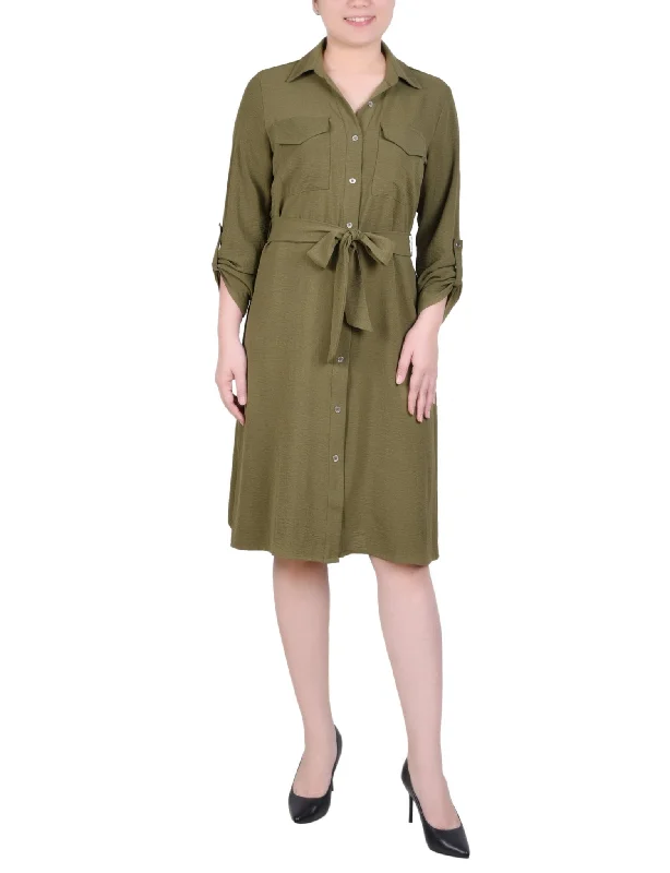 Long Roll Tab Sleeve Shirtdress - Petite