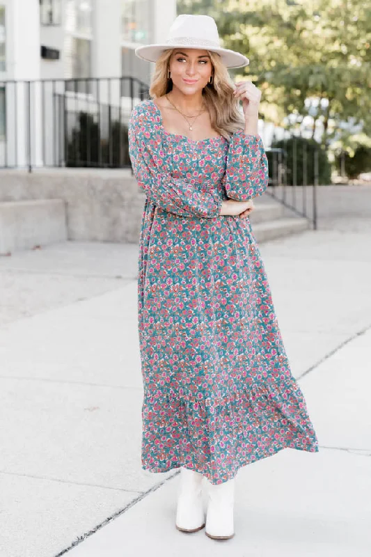 Oh So Thankful Teal Floral Maxi Dress FINAL SALE