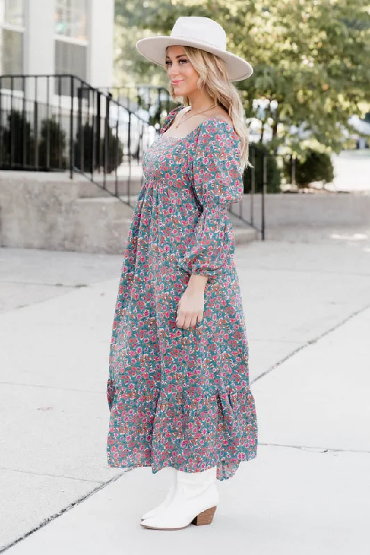 Oh So Thankful Teal Floral Maxi Dress FINAL SALE