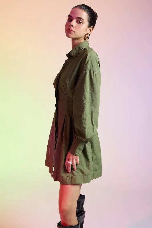 Olive Green Cotton Shirt Dress