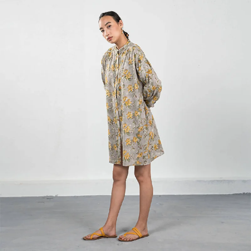 Organic Cotton Handblock Printed Shirt Dress | Grey