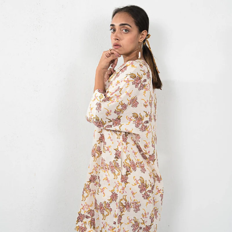 Organic Cotton Handblock Printed Shirt Dress |  Off White