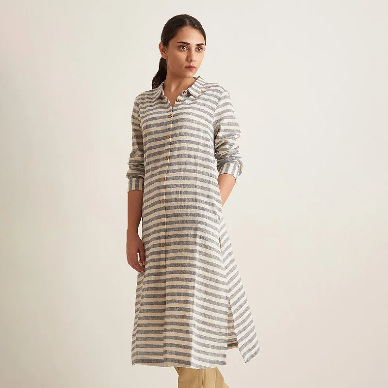 Kala Cotton Shirt Dress for Women | Striped | Beige & Grey