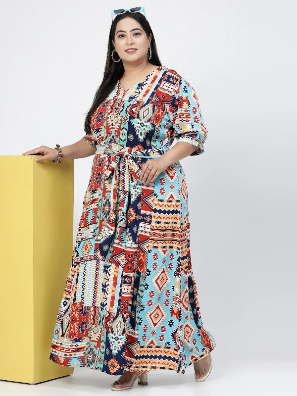 Plus Size Blue Ethnic Motifs Print Maxi Dress