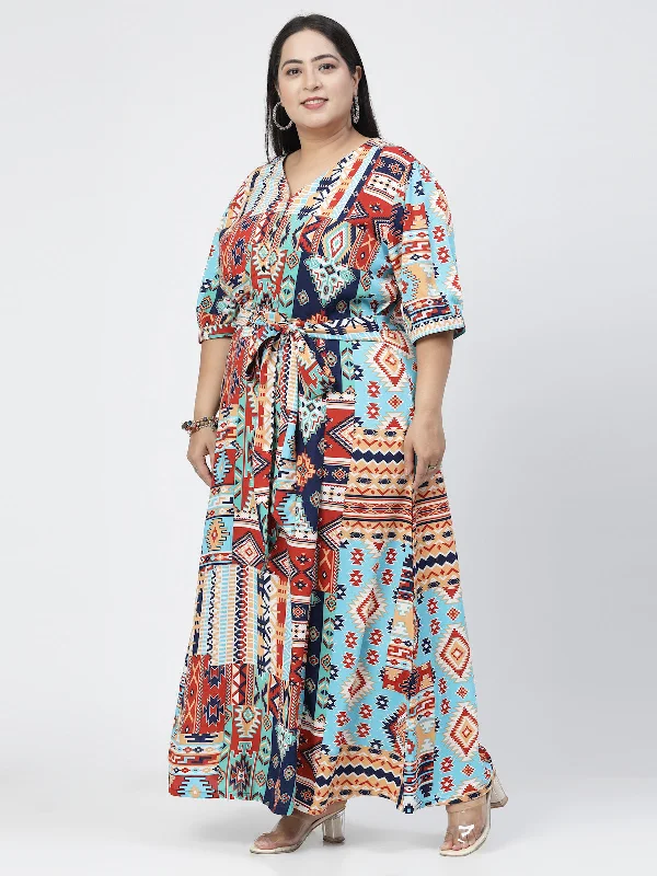 Plus Size Blue Ethnic Motifs Print Maxi Dress