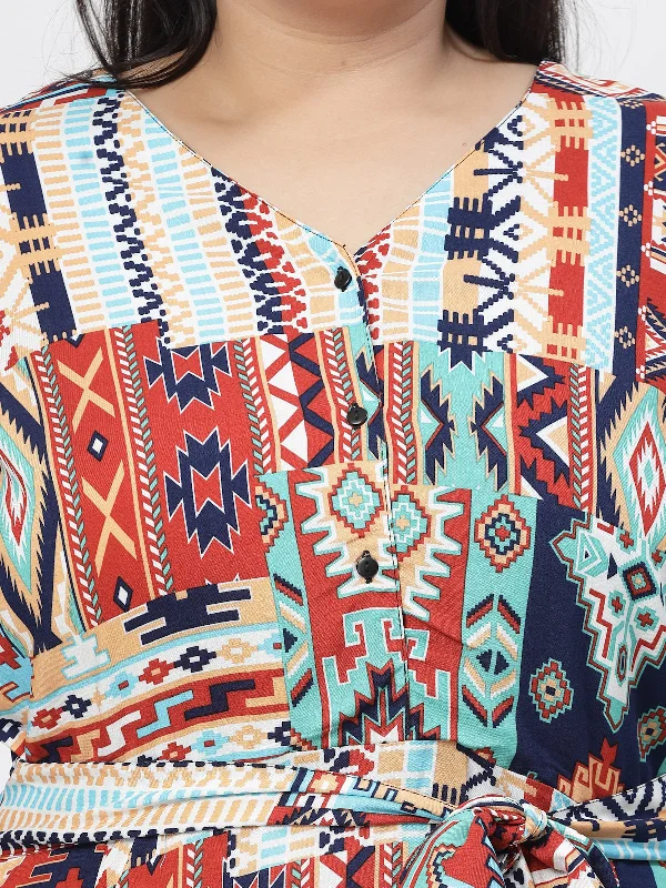 Plus Size Blue Ethnic Motifs Print Maxi Dress