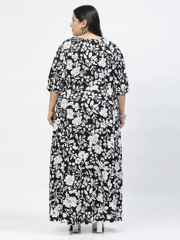 Plus Size Floral Printed V-Neck Cuffed Sleeve Fit & Flare Pleated Cotton Maxi Dress