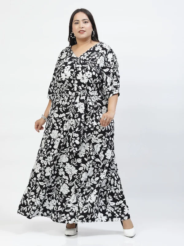 Plus Size Floral Printed V-Neck Cuffed Sleeve Fit & Flare Pleated Cotton Maxi Dress