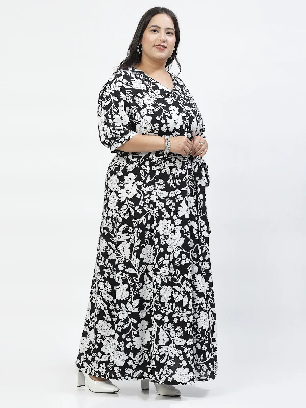 Plus Size Floral Printed V-Neck Cuffed Sleeve Fit & Flare Pleated Cotton Maxi Dress