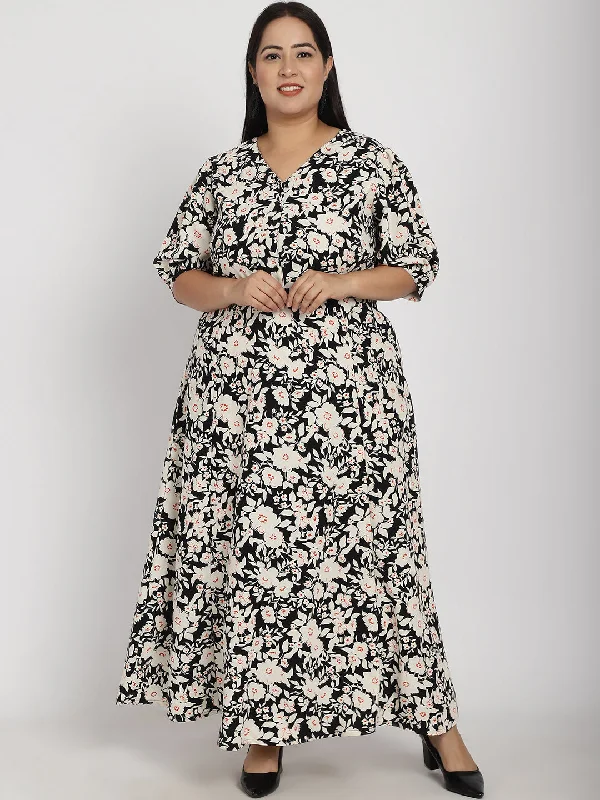 Plus Size Floral Printed V-Neck Cuffed Sleeve Fit & Flare Pleated Cotton Maxi Dress