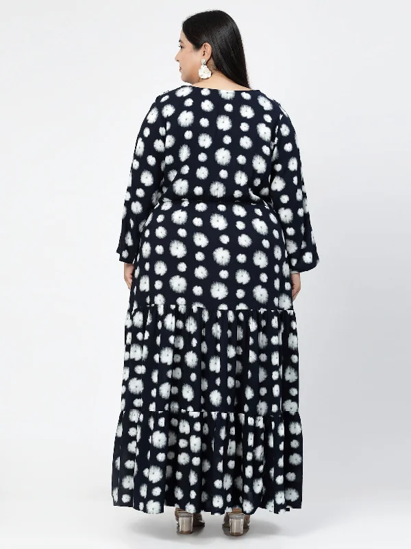 Plus Size Navy Blue Geometric Print Maxi Dress