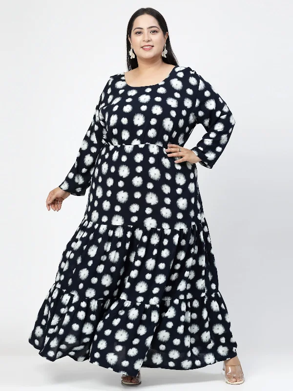 Plus Size Navy Blue Geometric Print Maxi Dress