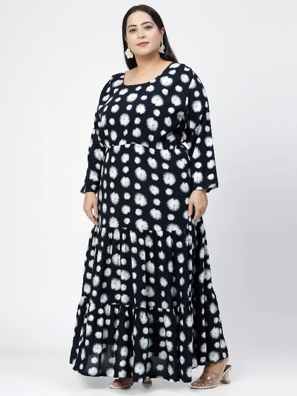 Plus Size Navy Blue Geometric Print Maxi Dress