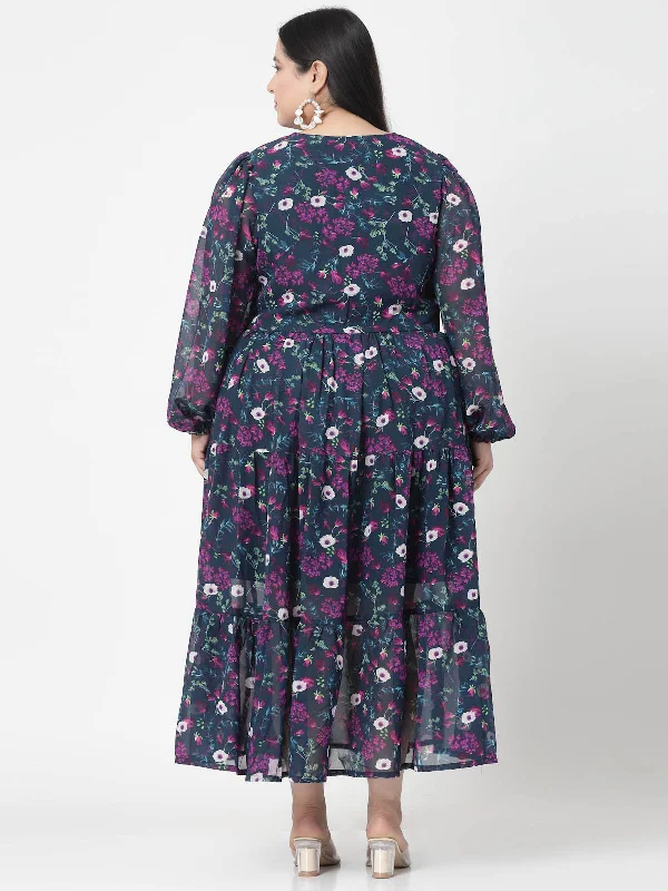 Plus Size Navy Blue, Pink & White Floral Printed Puff Sleeves Fit & Flare Maxi Dress