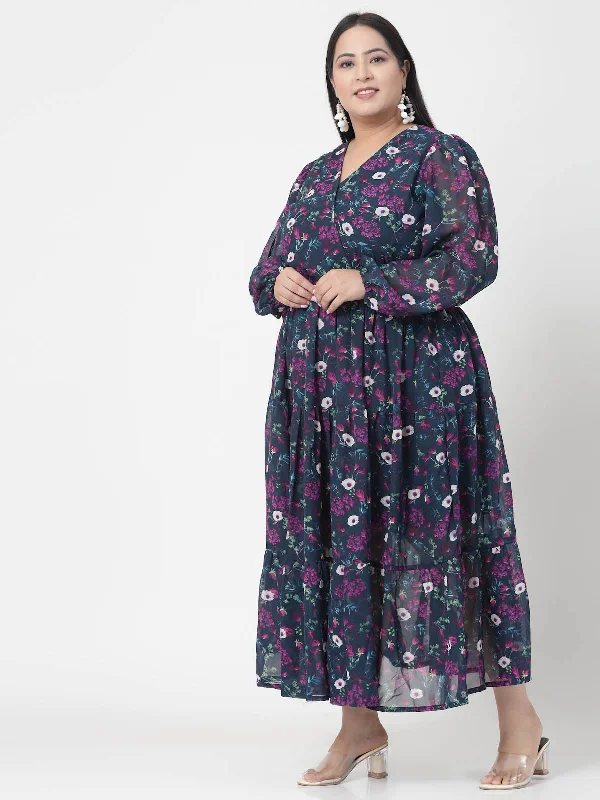 Plus Size Navy Blue, Pink & White Floral Printed Puff Sleeves Fit & Flare Maxi Dress