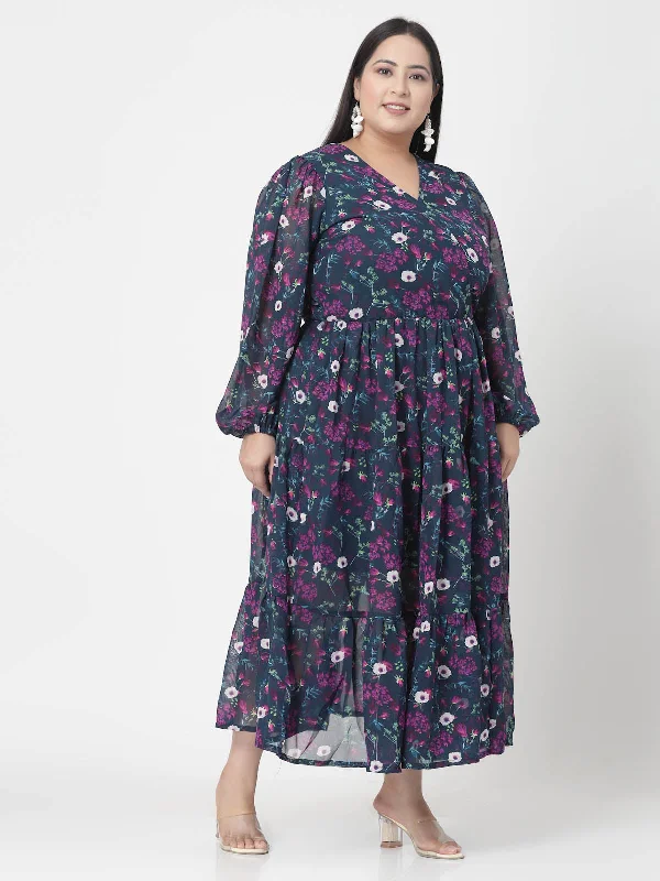 Plus Size Navy Blue, Pink & White Floral Printed Puff Sleeves Fit & Flare Maxi Dress