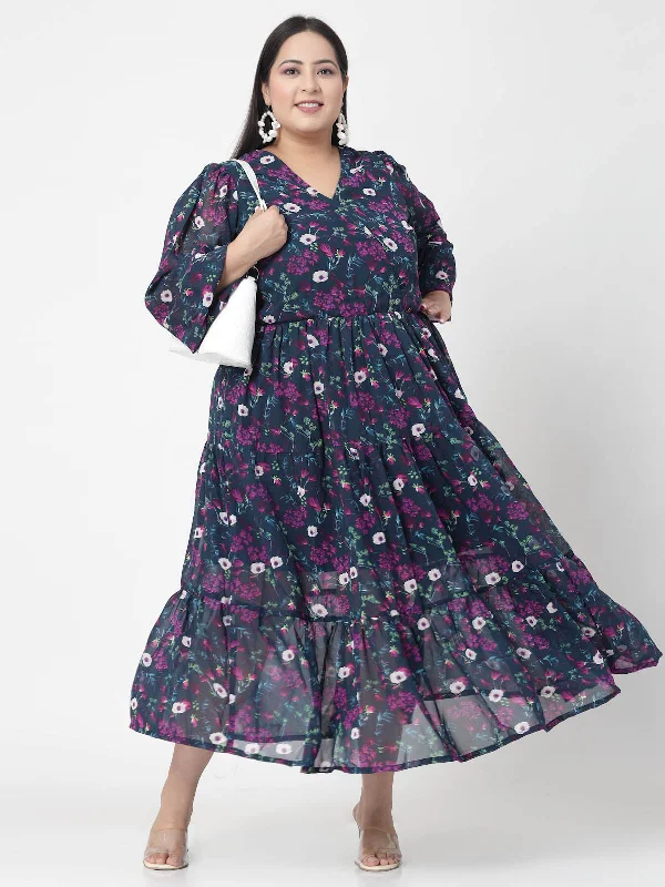 Plus Size Navy Blue, Pink & White Floral Printed Puff Sleeves Fit & Flare Maxi Dress