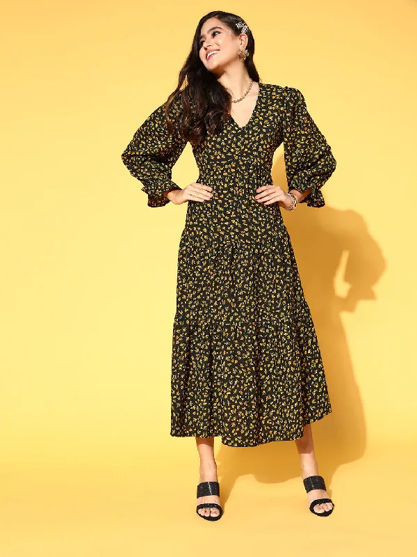 plusS Black  Yellow Floral Print Fit  Flare Round Neck Maxi Dress